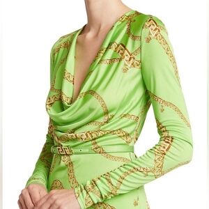 Versace Jersey Cowl Chain Link Dress In Neon Green Gold